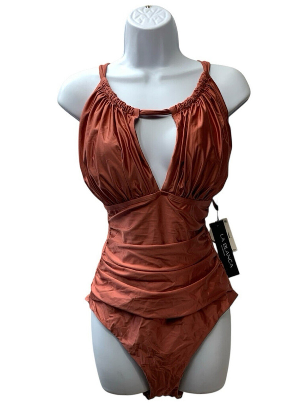 La Blanca Women One Piece Swimsuit High Neck Keyhole Island Goddess Size 16
